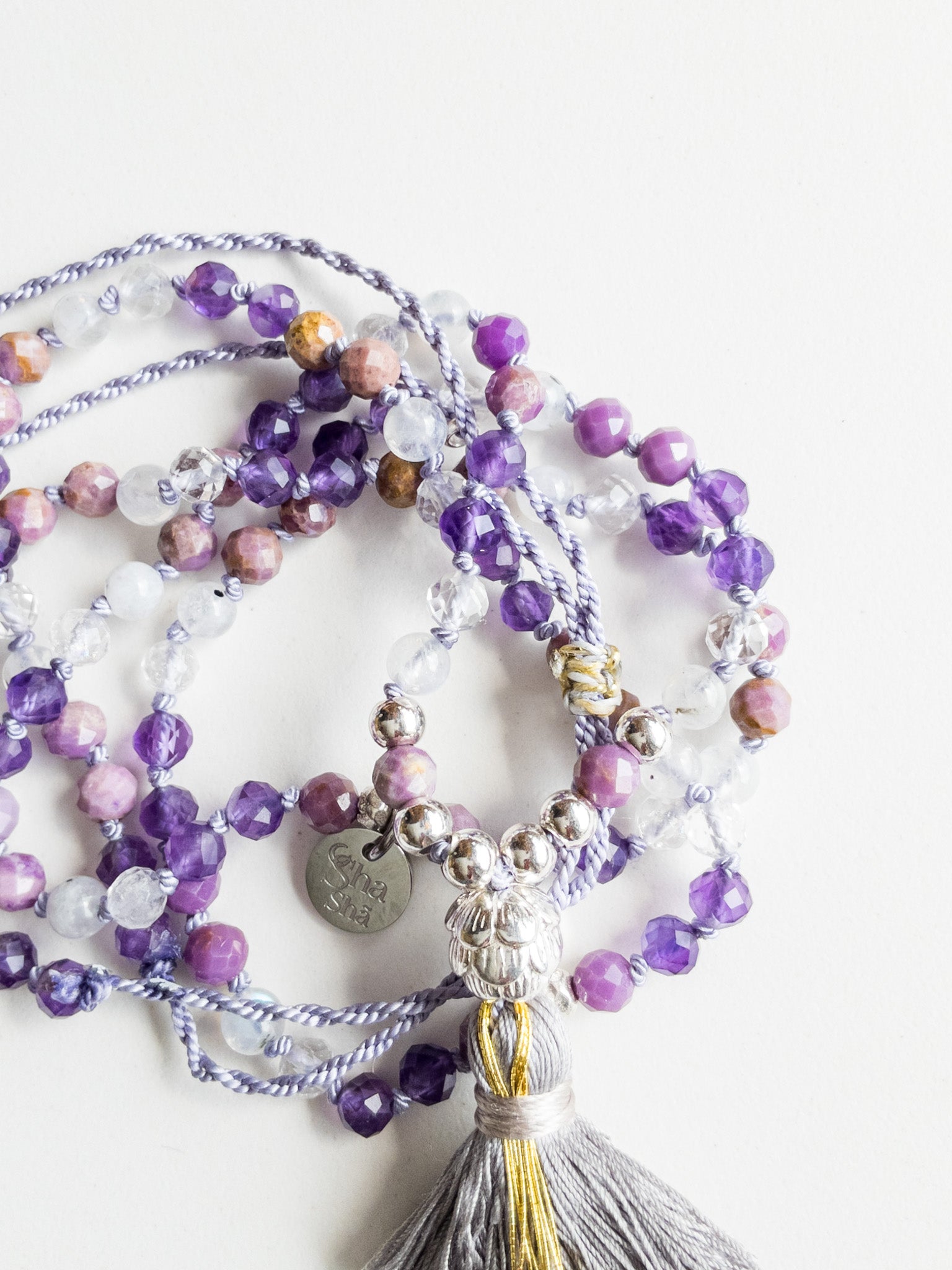« Roots » Mini Mala 108  beads - Amethyst, Lepidolite & Moonstone - ShaSha gemstone mala beads - Yoga Jewelry