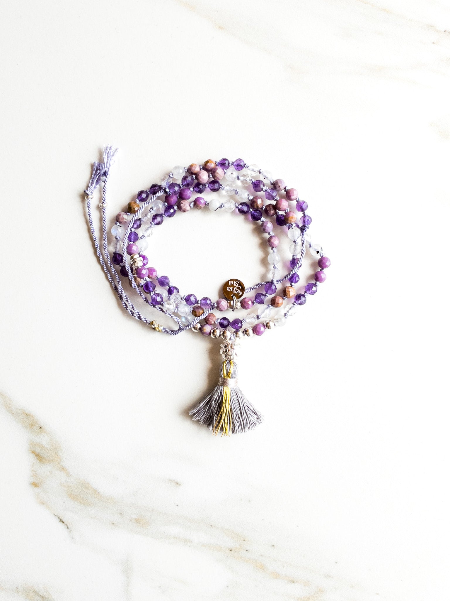 « Roots » Mini Mala 108  beads - Amethyst, Lepidolite & Moonstone - ShaSha gemstone mala beads - Yoga Jewelry