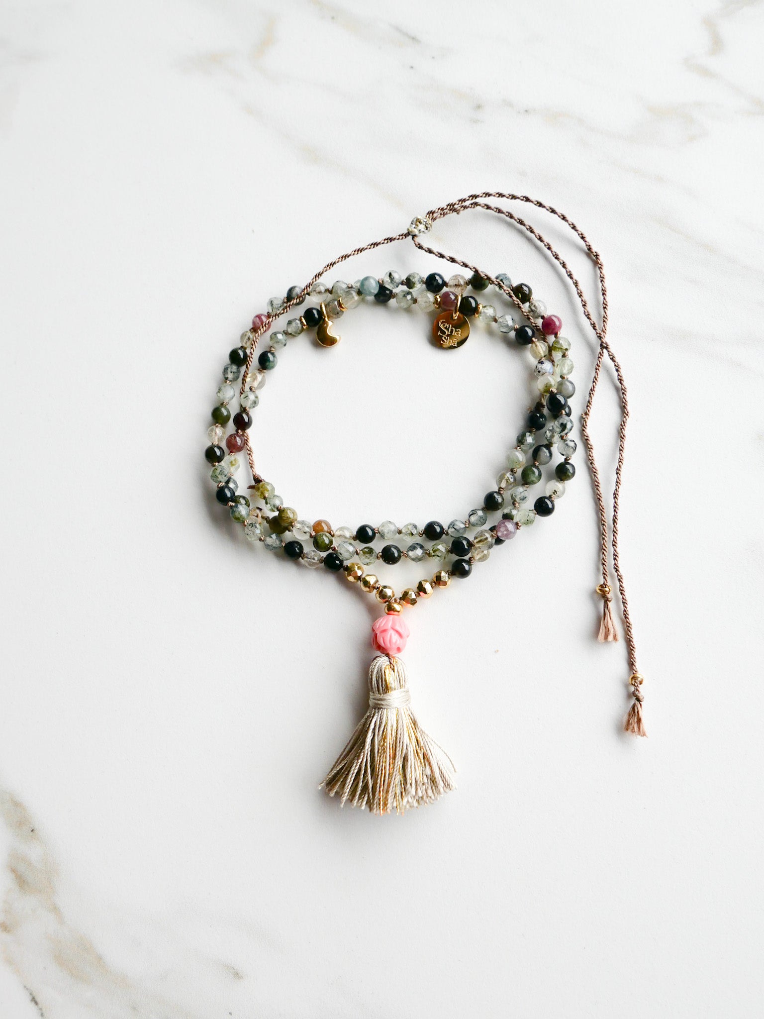 « Roots » Mini Japamala - Prehnite, Coral & Indian Agates - ShaSha jewelry