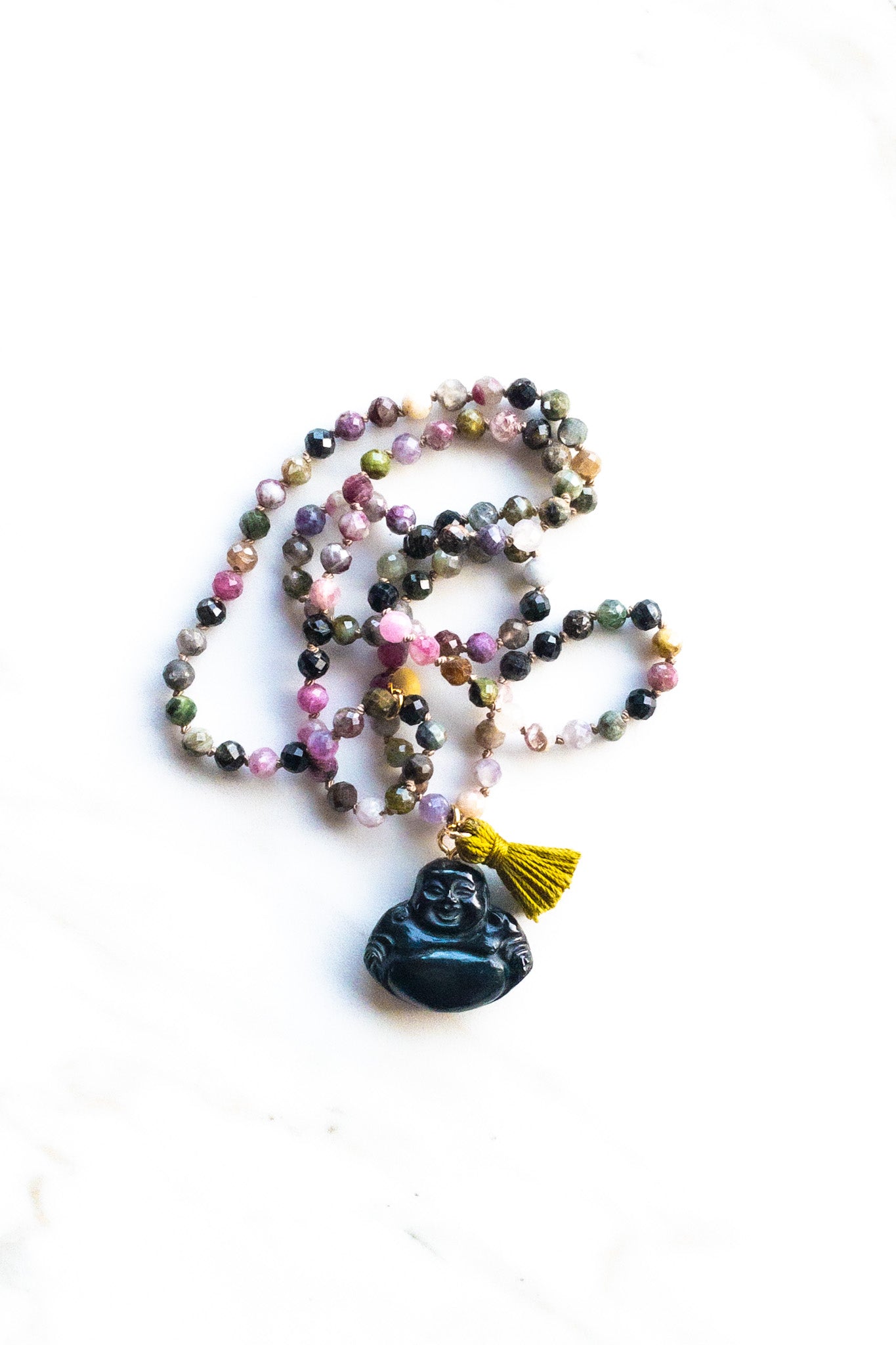 Tourmaline and Onyx Smiling Buddha Mala Necklace - Indradhanush - shashā yoga jewellery