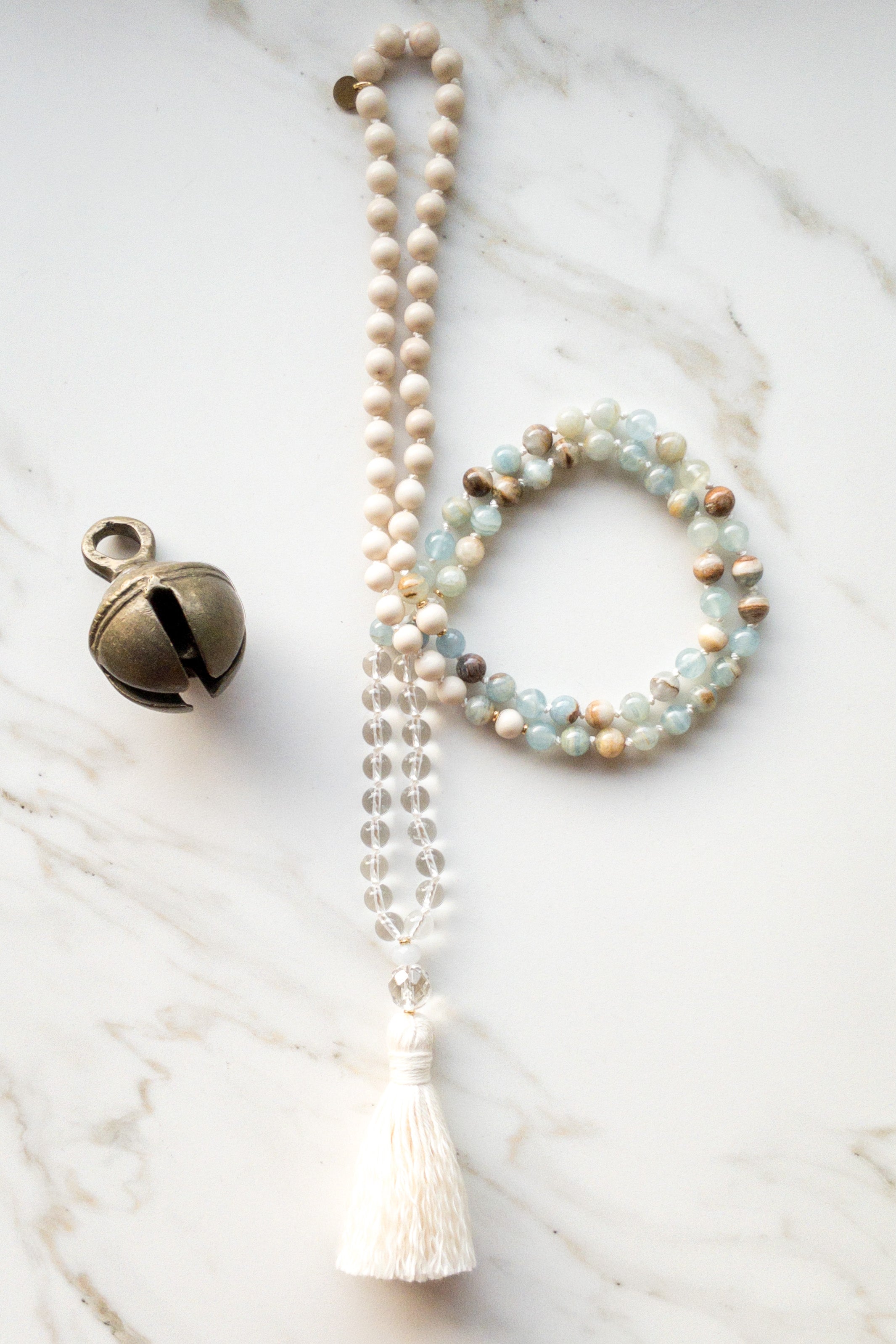 Dream of Gaia Mala - calcite, clear quartz, fossil stone - OceanEye Collection - shashā