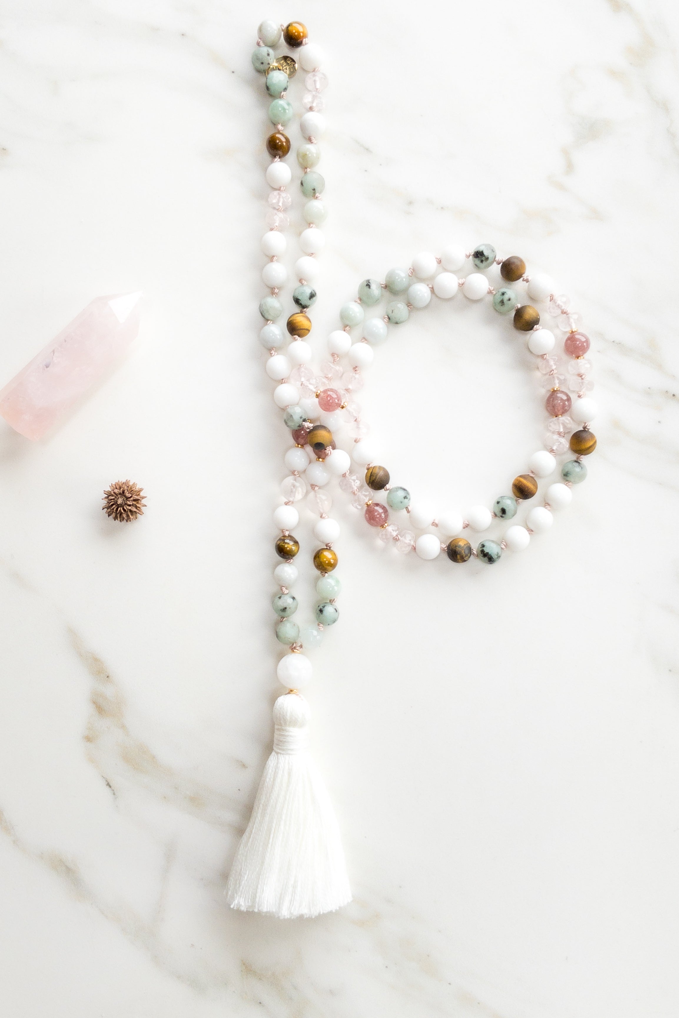 Lotus Serenity Mala beads - kiwi jasper, pink strawberry quartz, white onyx, tiger eye - OceanEye - ShaShã jewelry Switzerland