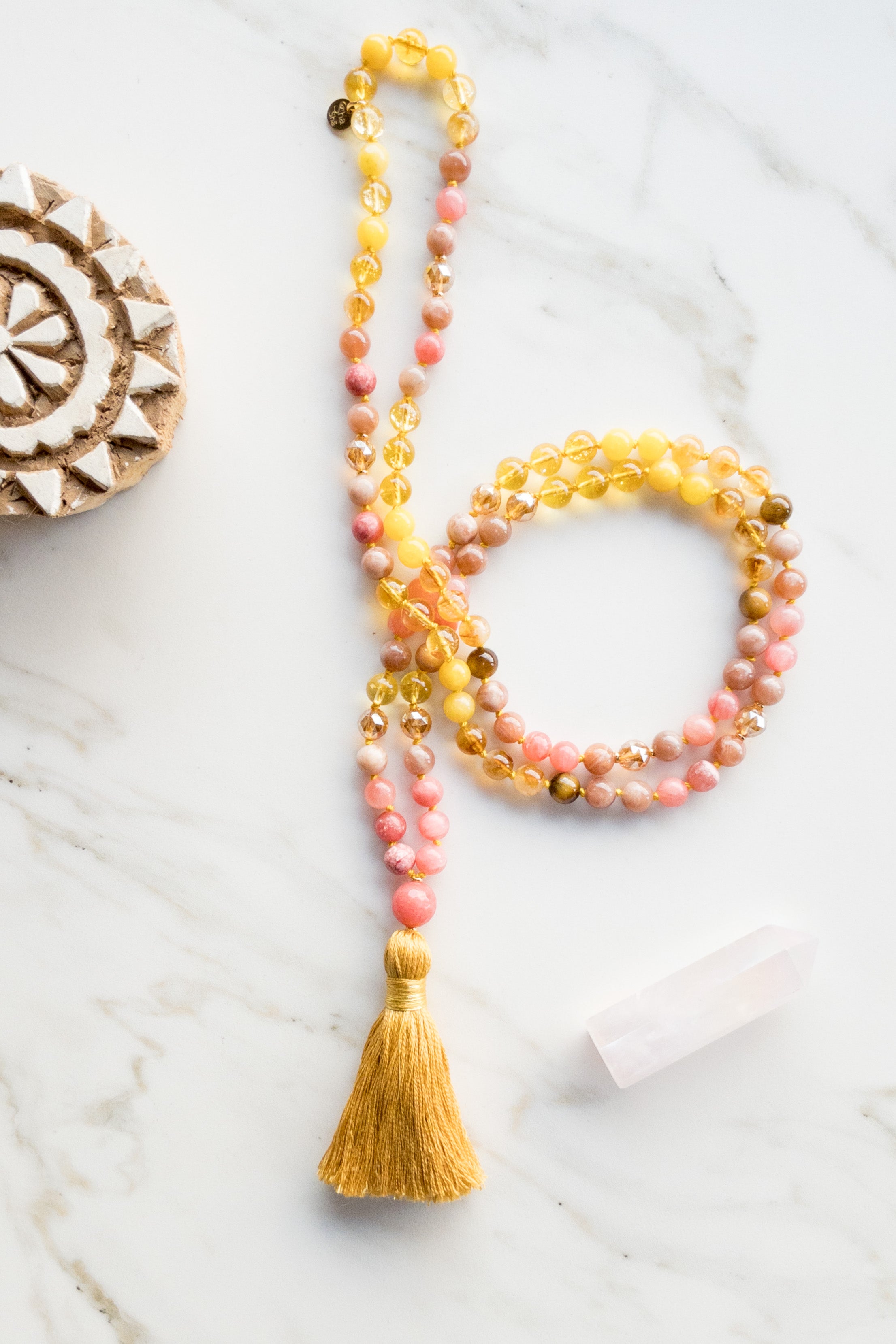 Surya Namaskar Mala 108 beads - citrine, gold aqua aura, sunstone - OceanEyes - shashā jewellery
