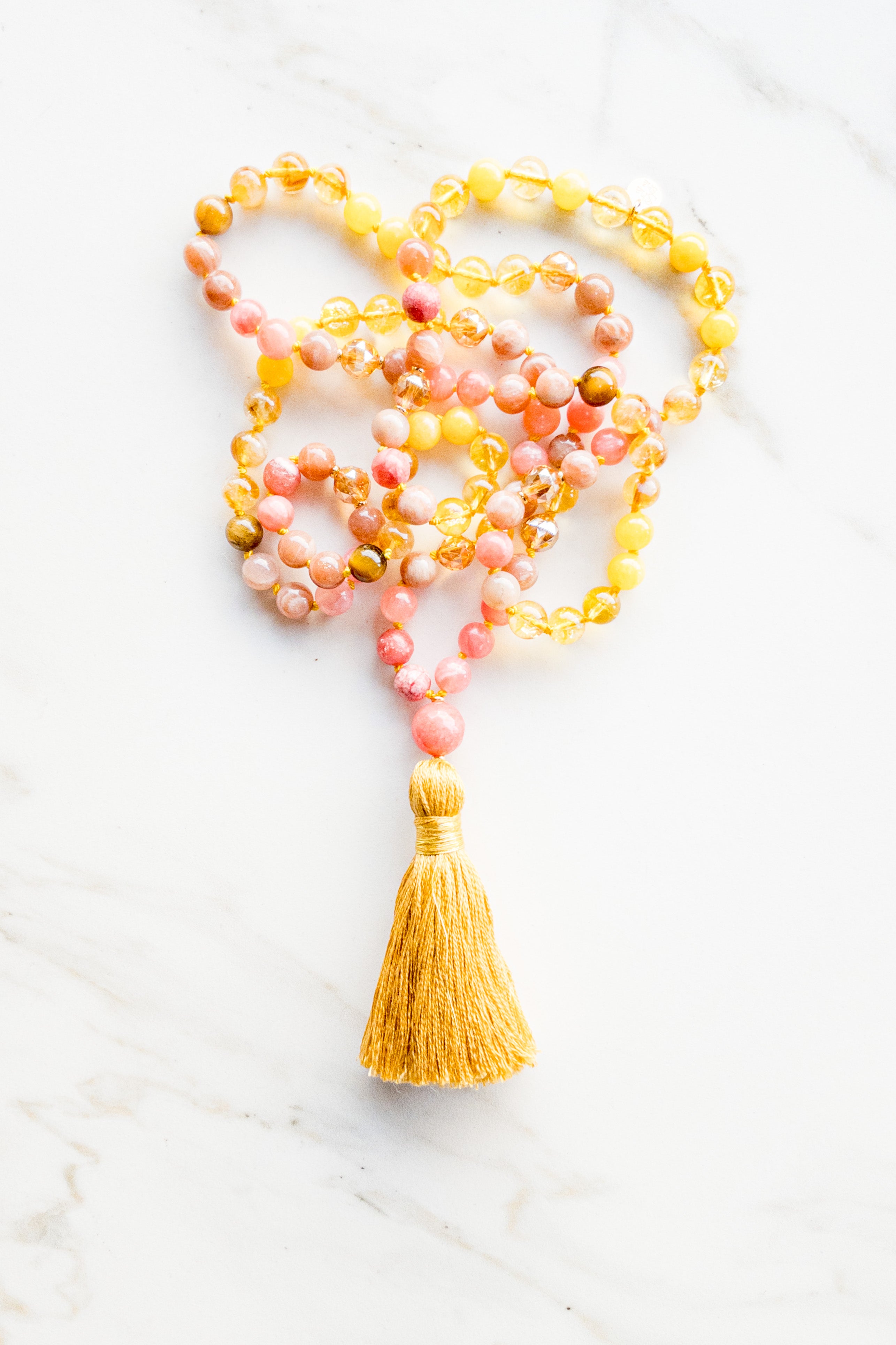 Surya Namaskar Mala 108 beads - citrine, gold aqua aura, sunstone - OceanEye - meditation japamala- shashā jewellery