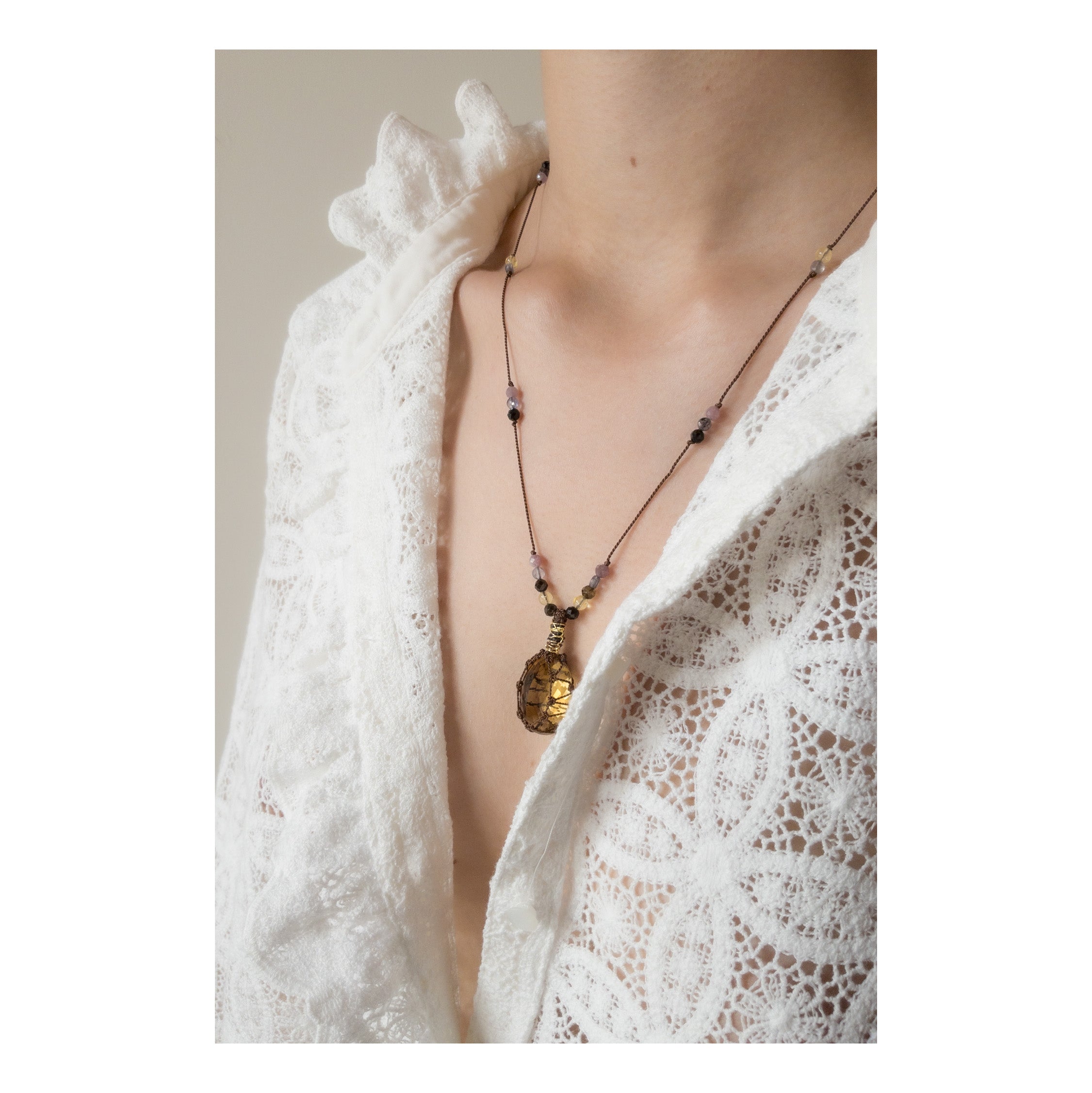 Honey Quartz “Aabha” Necklace - Amulet with silk cord - shashā jewellery