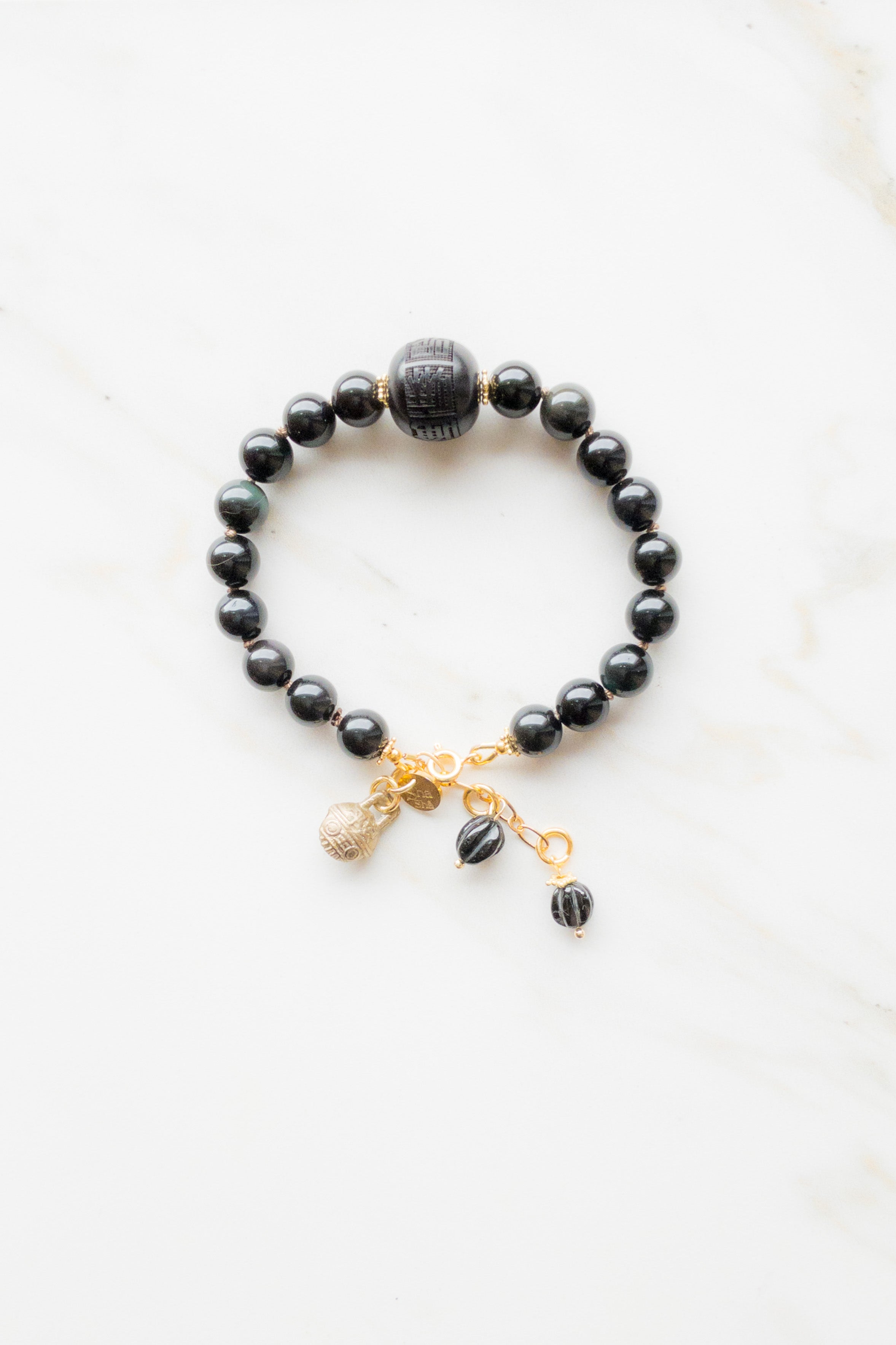 Melody Mantra Bracelet - Obsidian and Onyx gold plated 925
 - shashā jewellery