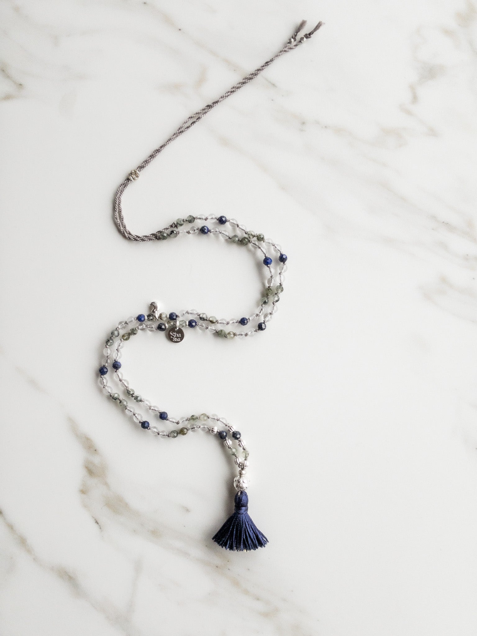 « Roots » Mini Japamala - Prehnite, Clear Quartz, Lapis Lazuli / yoga necklace / ShaSha Jewelry 