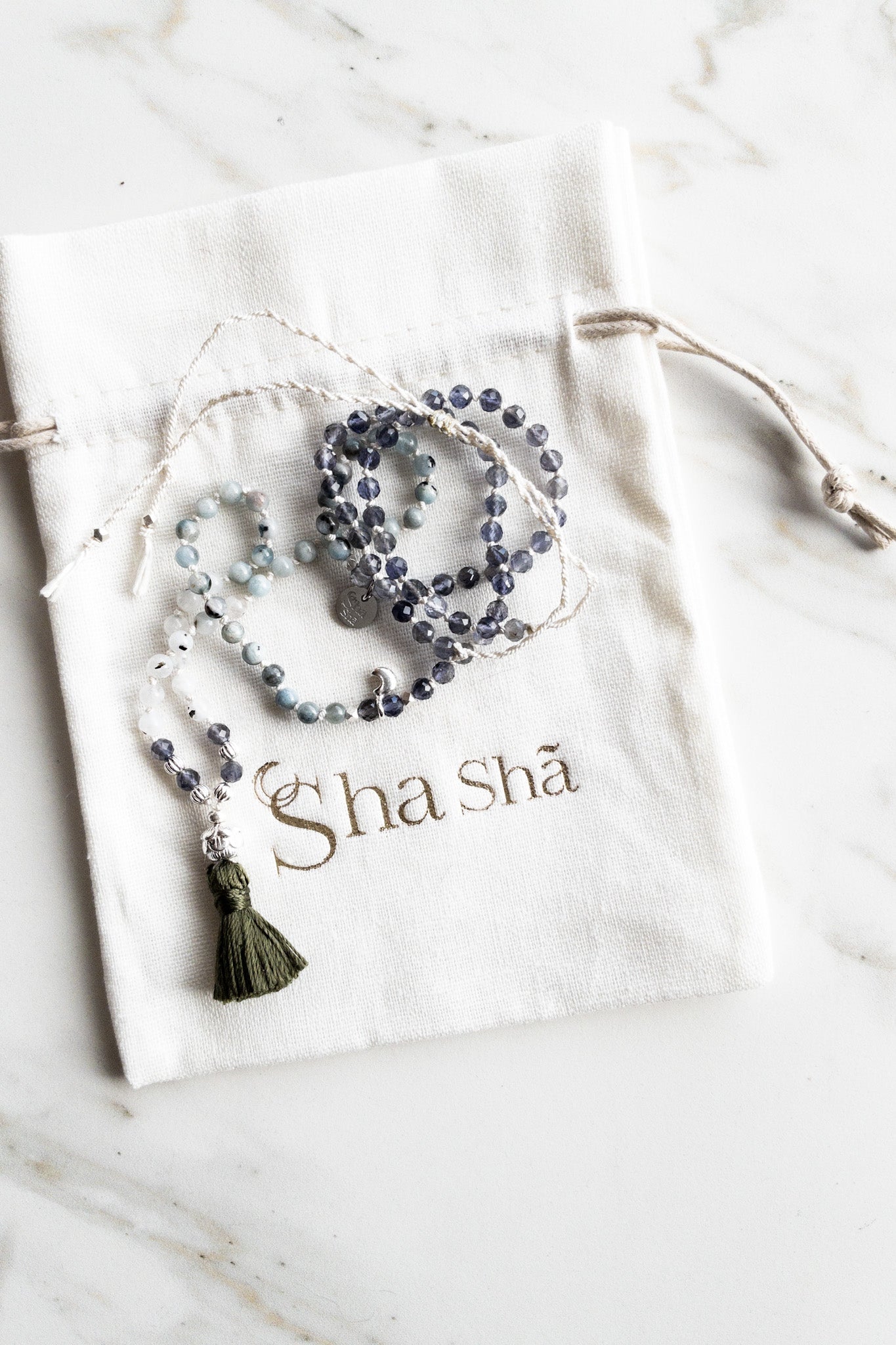 Mini Mala 108 beads - Flash Moonstone & Iolite