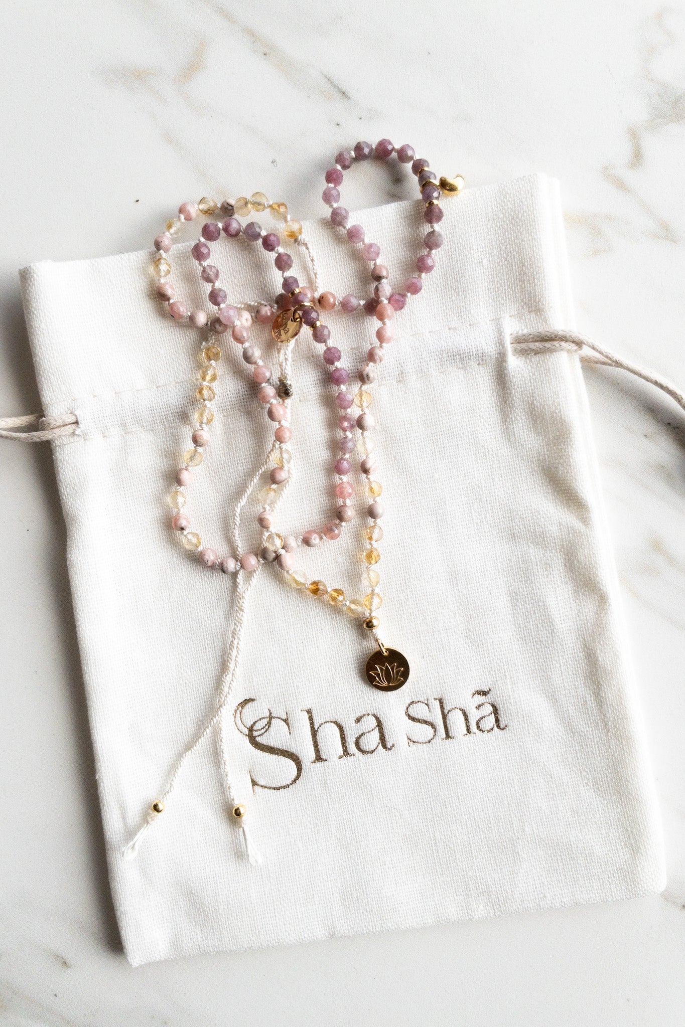 « Roots » Mini Mala 108 - Citrine & Lepidolite & Rodochrosite - shashā India inspired jewellery 