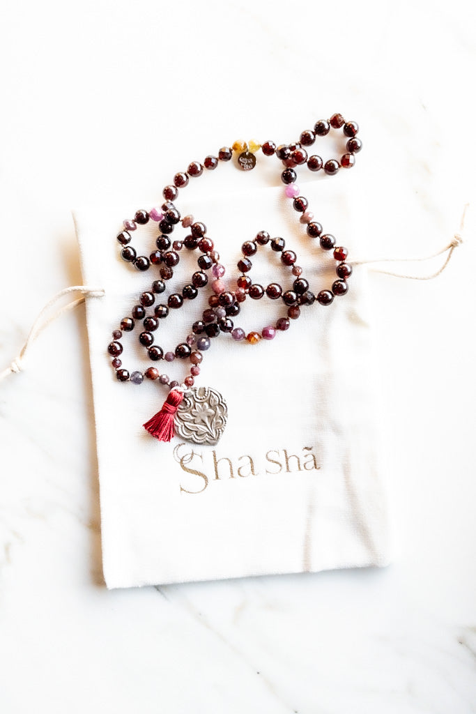 Garnet & Ruby Mala with a Rajasthan Lotus Pendant - Indradhanush collection - ShaSha indian inspired jewellery