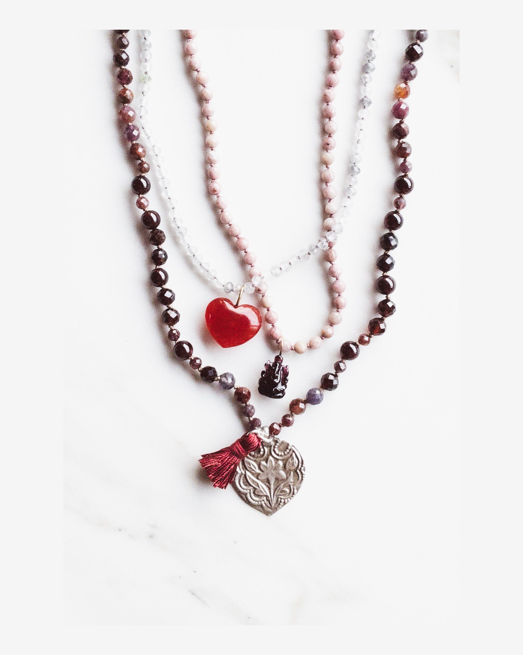 Garnet & Ruby Mala Necklace with a Rajasthan Lotus Pendant - Indradhanush collection - ShaSha indian inspired jewellery