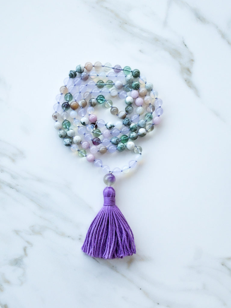 Blossom within flow gemstone Mala 108 beads - OceanEyes Collection - ShaSha Meditation Jewellery