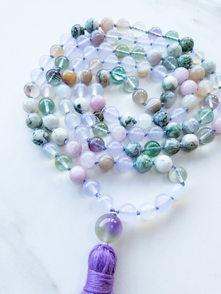 Blossom within flow gemstone Mala 108 beads - OceanEyes Collection - ShaSha Meditation Jewellery