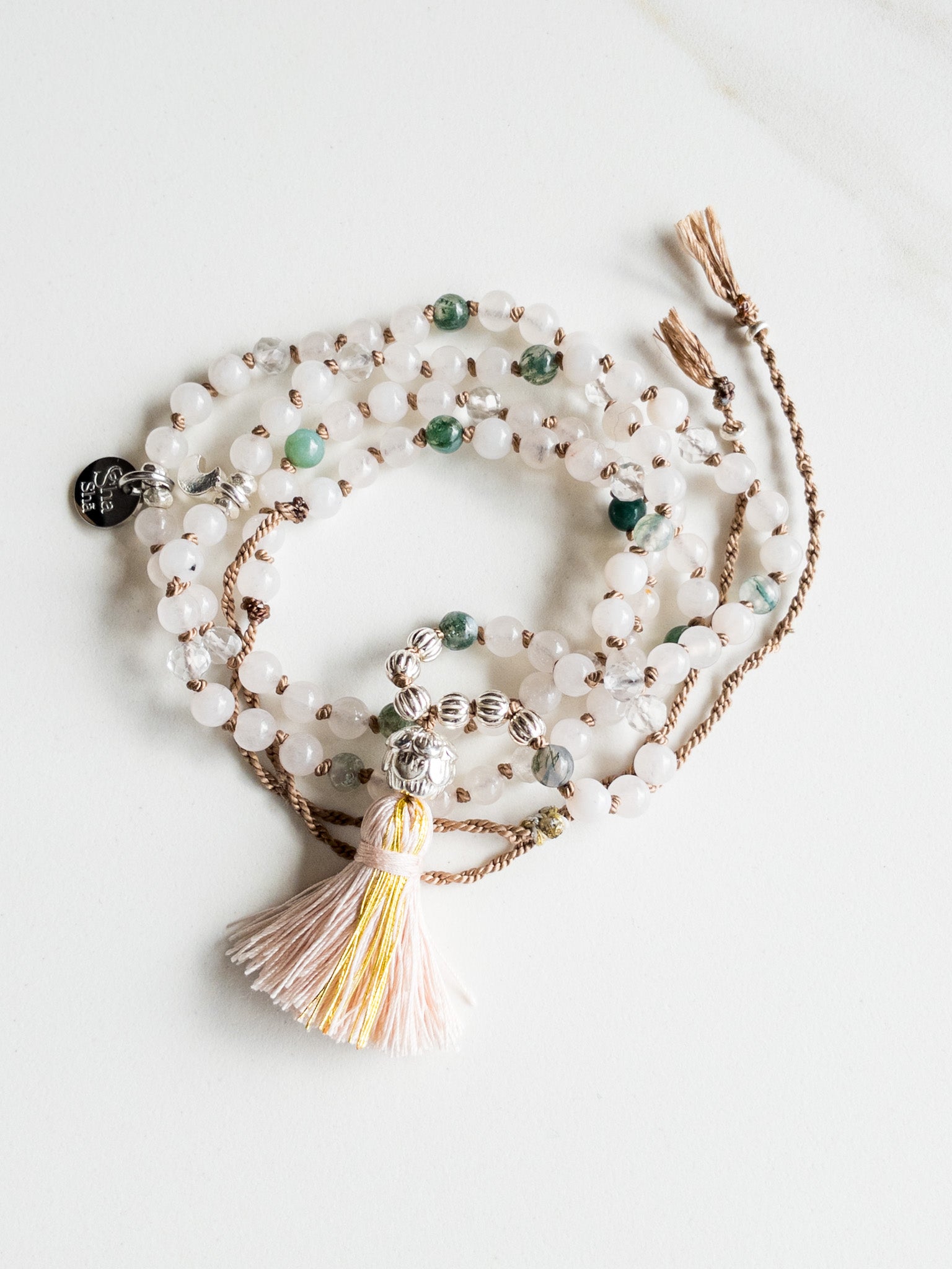 « Roots » Mini Mala 108  beads  - Pink Quartz, Moss Agate & clear Quartz - ShaSha Gemstone Yoga Jewelry