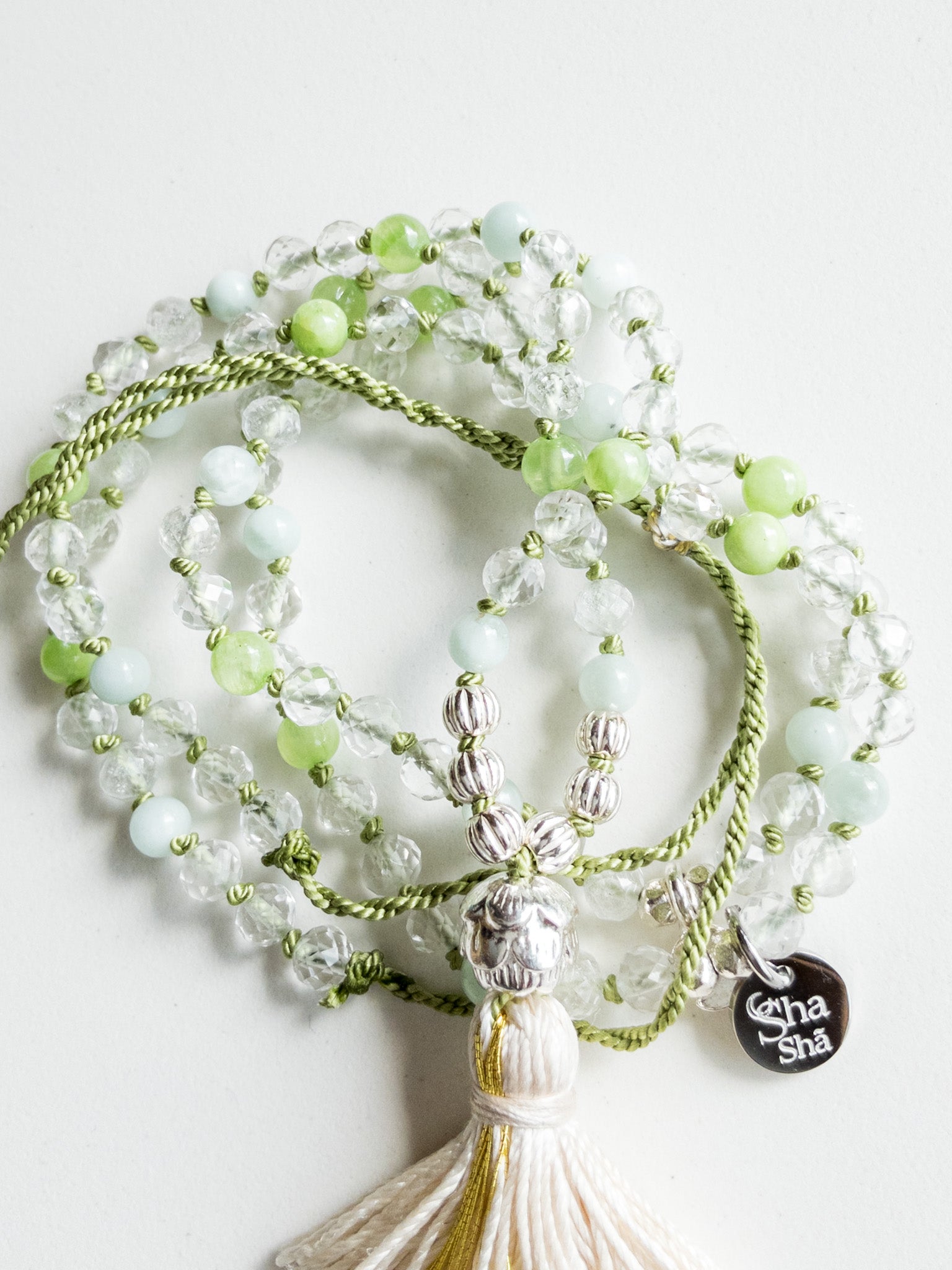 « Roots » Mini Mala 108  beads - Clear Quartz, green Jade & green Angelite - ShaSha Japamalas beads yoga jewelry - switzerland