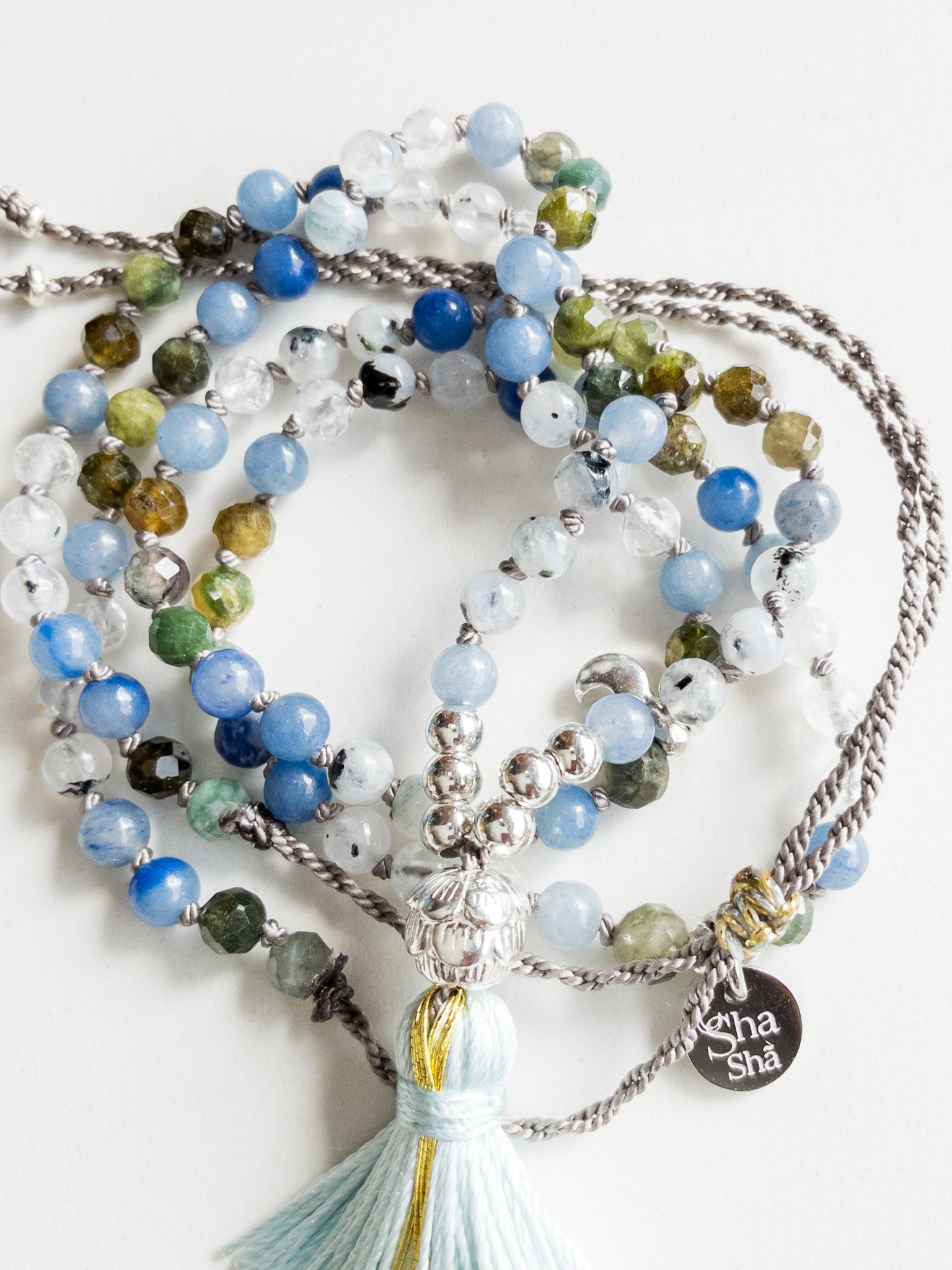 « Roots » Mini Mala 108  beads - Blue aventurine, Green Tourmaline & Moonstone