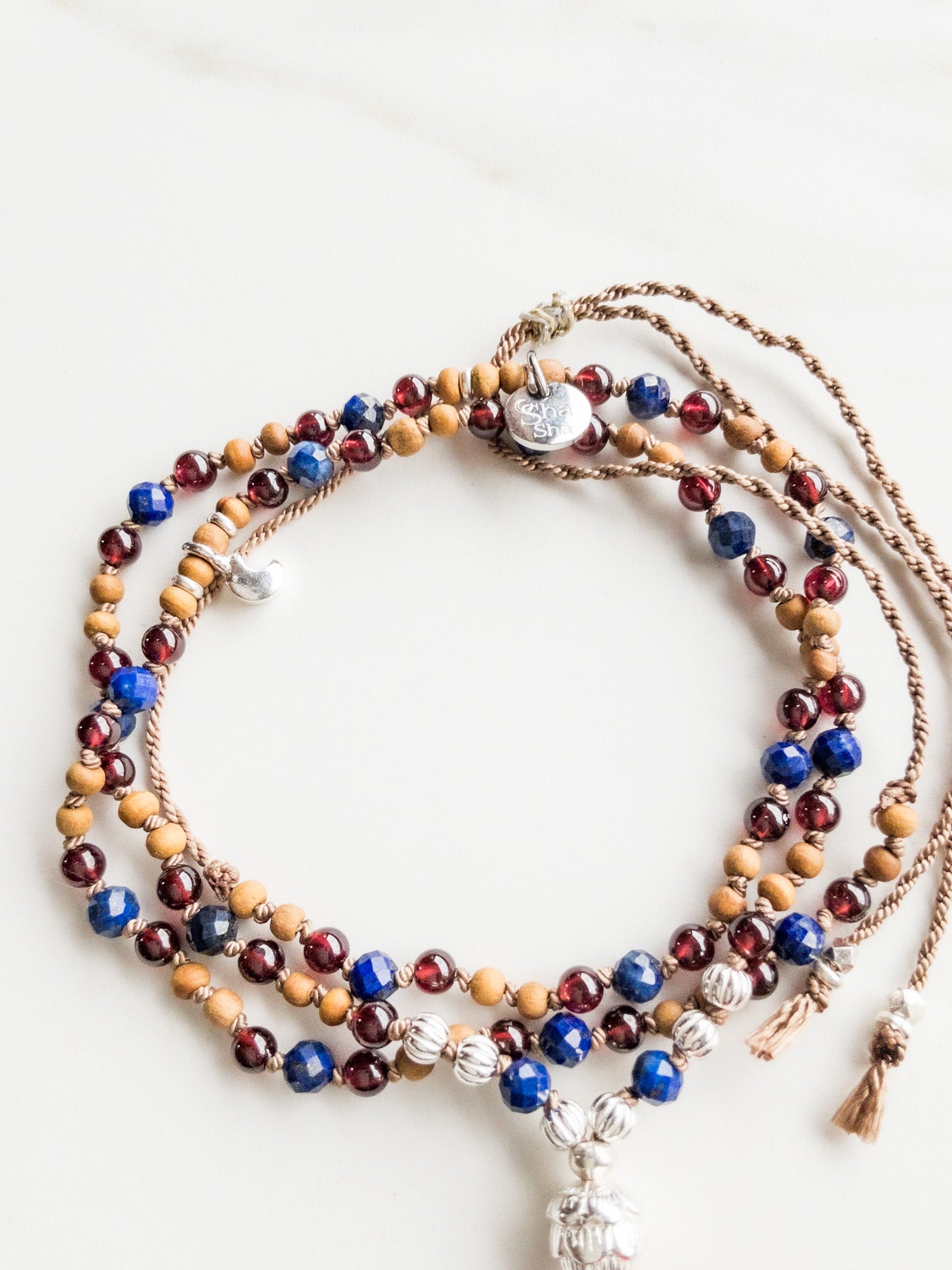 « Roots » Mini Japamala - Lapis Lazuli, Garnet, Sandalwood / ShaSha mindfulness jewelry 