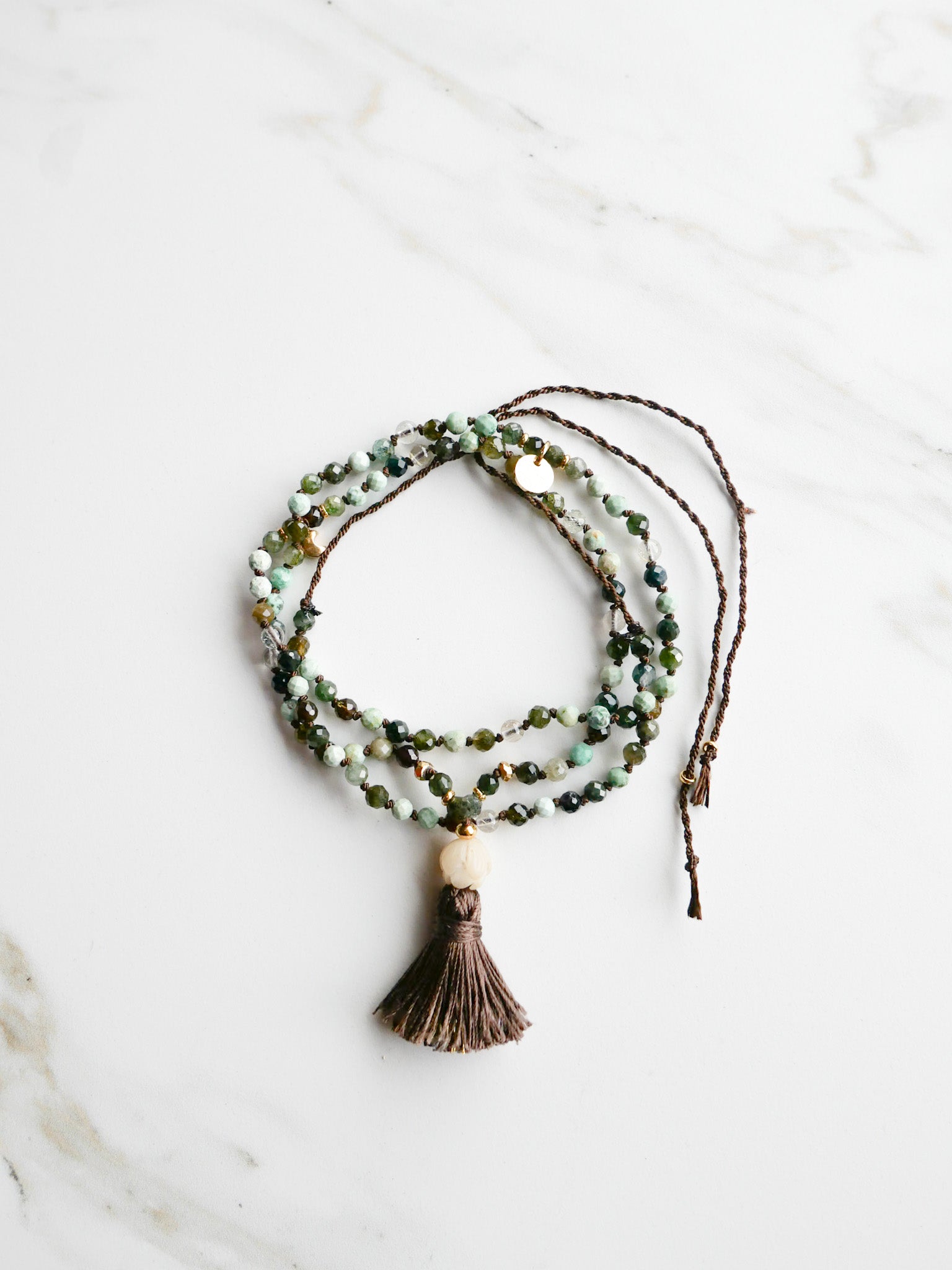 « Roots » Mini Japamala - Green Tourmaline, Turquoise, Rutilated Quartz / ShaSha Jewelry 