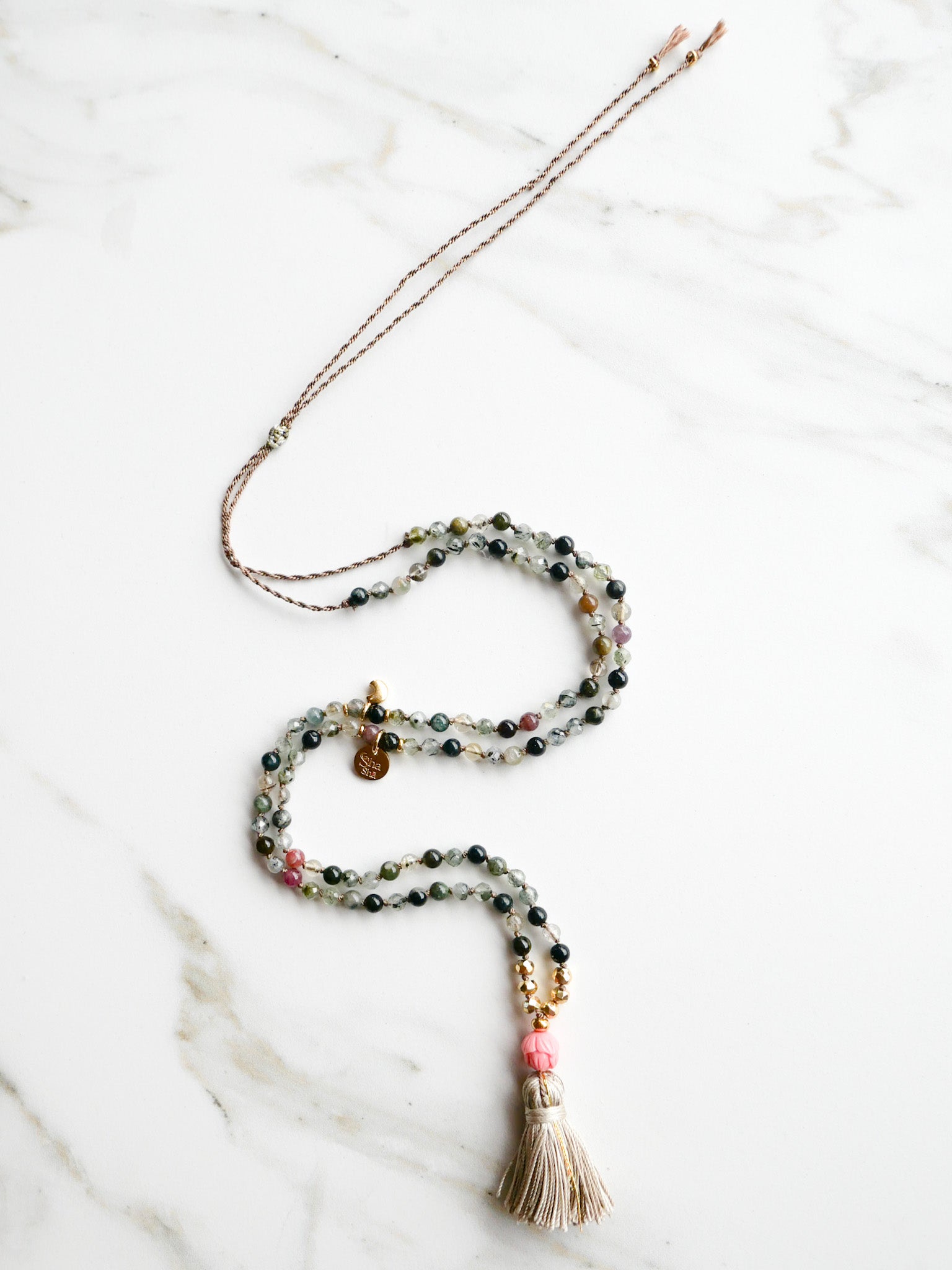 « Roots » Mini Japamala - Prehnite, Coral & Indian Agates - ShaSha yoga jewelry