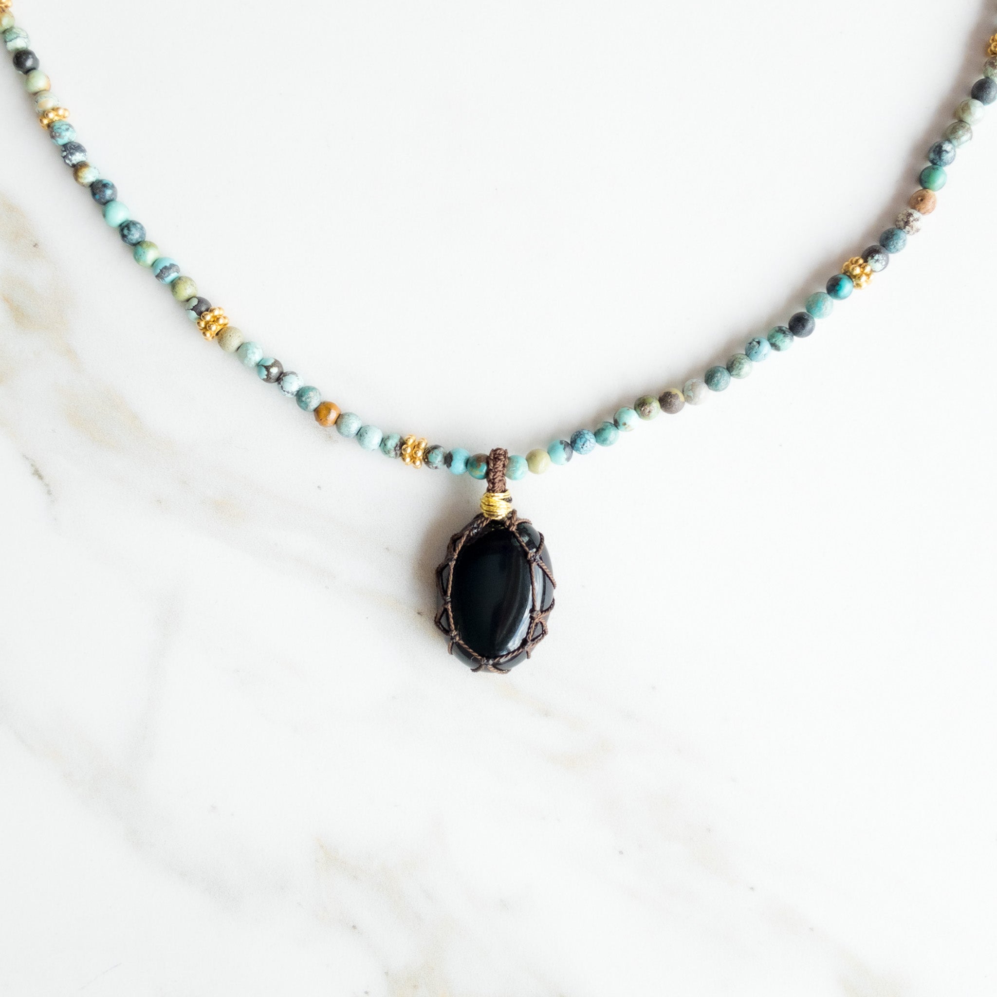 Turquoise & Obsidian « Aabha » Mala Necklace - yoga jewellery 